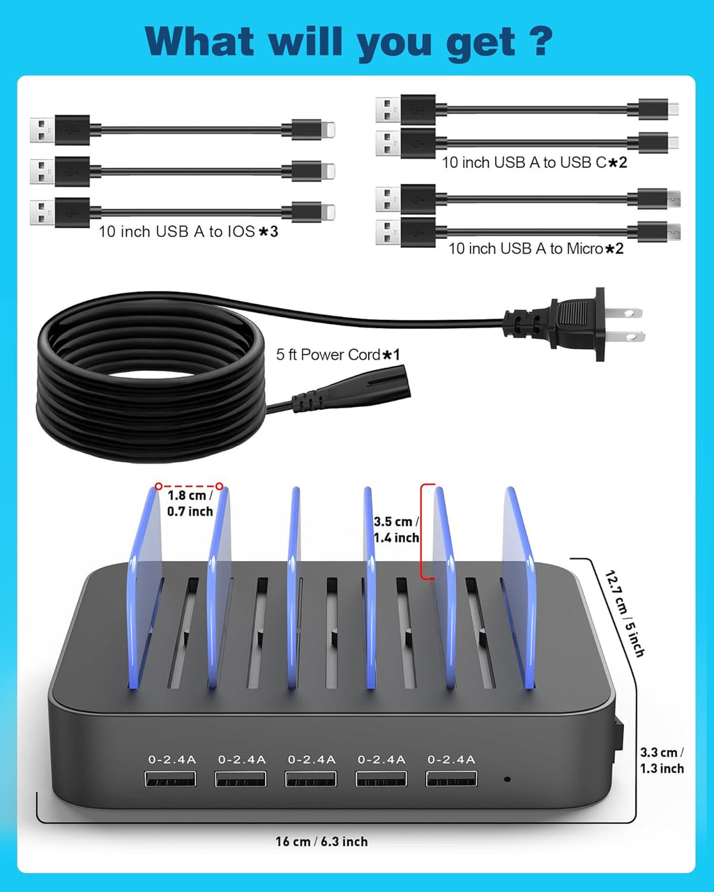 Charging Station for Multiple Devices,  5 Port Multi USB Charger Station with Power Switch Designed for Iphone Ipad Cell Phone Tablets (Gray, 7 Mixed Short Cables Included)