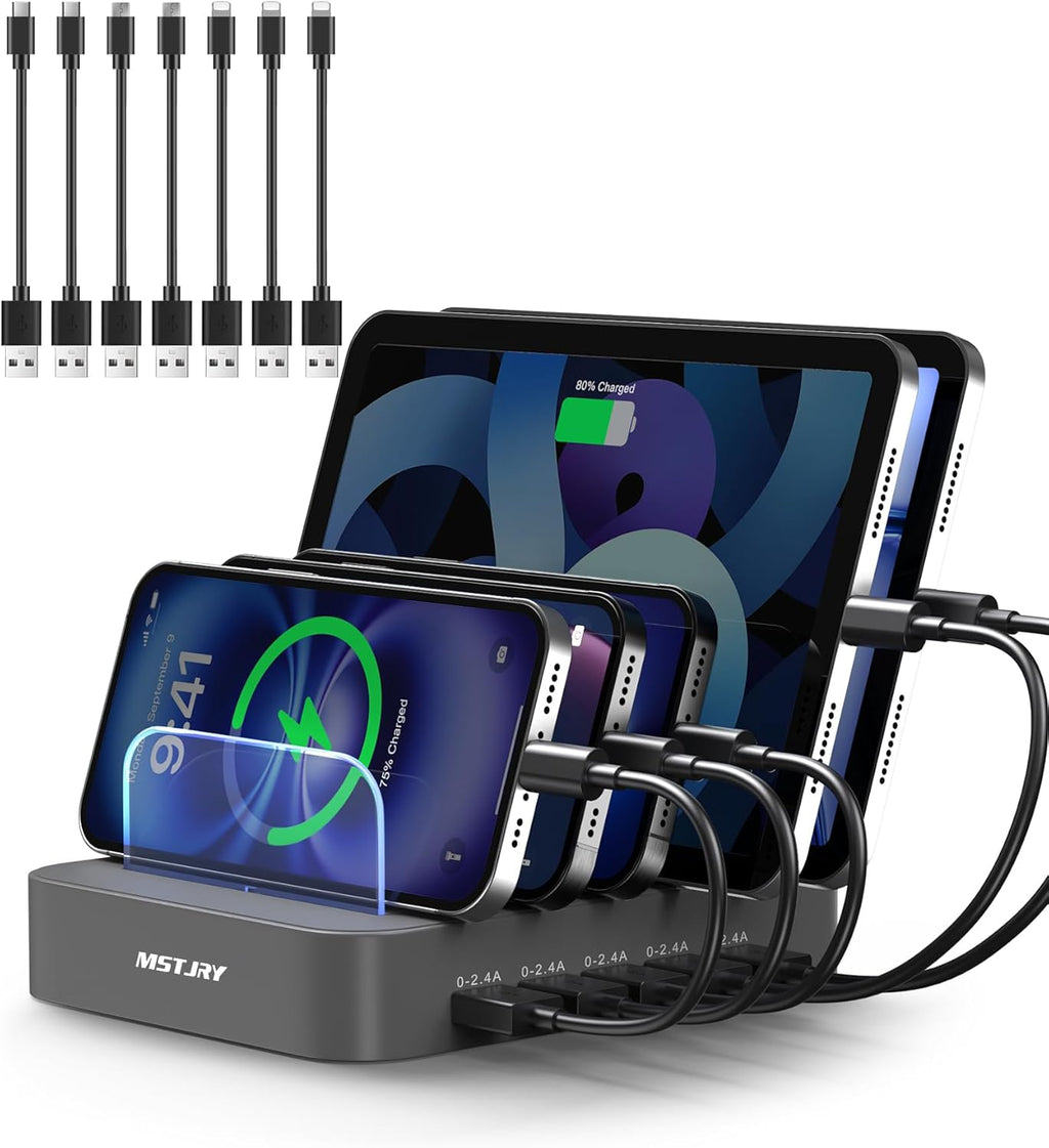 Charging Station for Multiple Devices,  5 Port Multi USB Charger Station with Power Switch Designed for Iphone Ipad Cell Phone Tablets (Gray, 7 Mixed Short Cables Included)