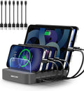 Charging Station for Multiple Devices,  5 Port Multi USB Charger Station with Power Switch Designed for Iphone Ipad Cell Phone Tablets (Gray, 7 Mixed Short Cables Included)