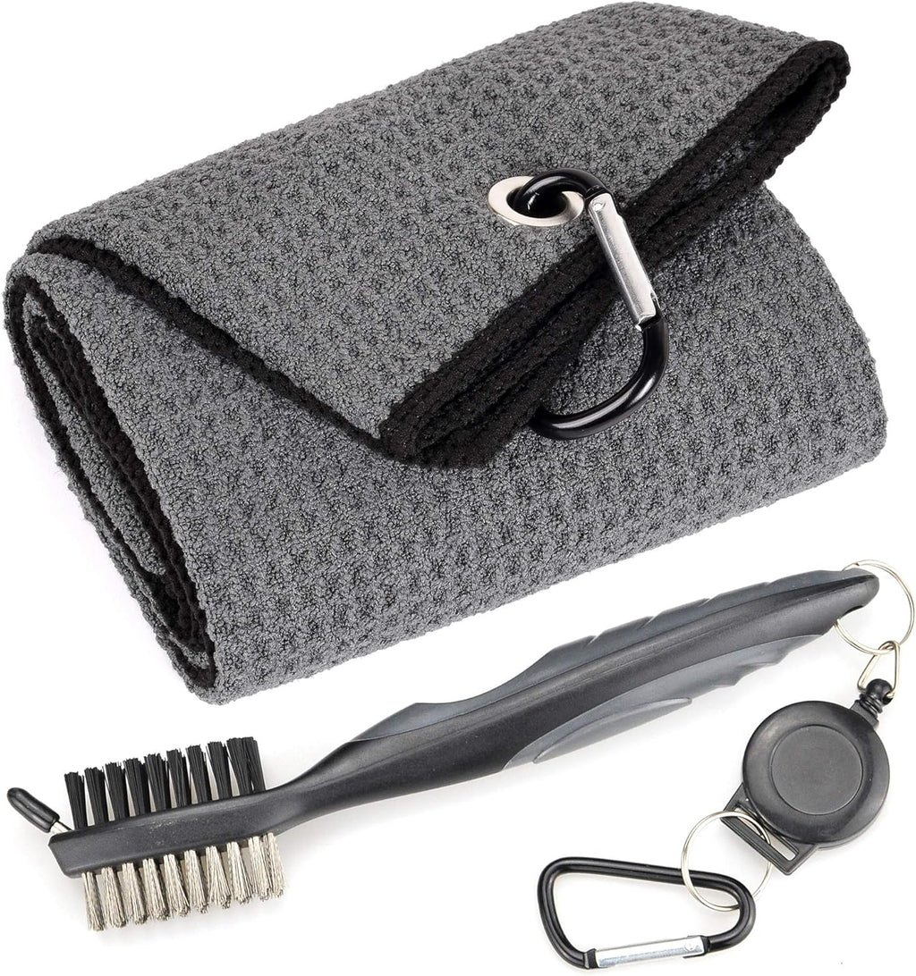 Microfiber Waffle Pattern Tri-Fold Golf Towel | Brush Tool Kit with Club Groove Cleaner, Retractable Extension Cord and Clip