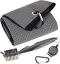 Microfiber Waffle Pattern Tri-Fold Golf Towel | Brush Tool Kit with Club Groove Cleaner, Retractable Extension Cord and Clip