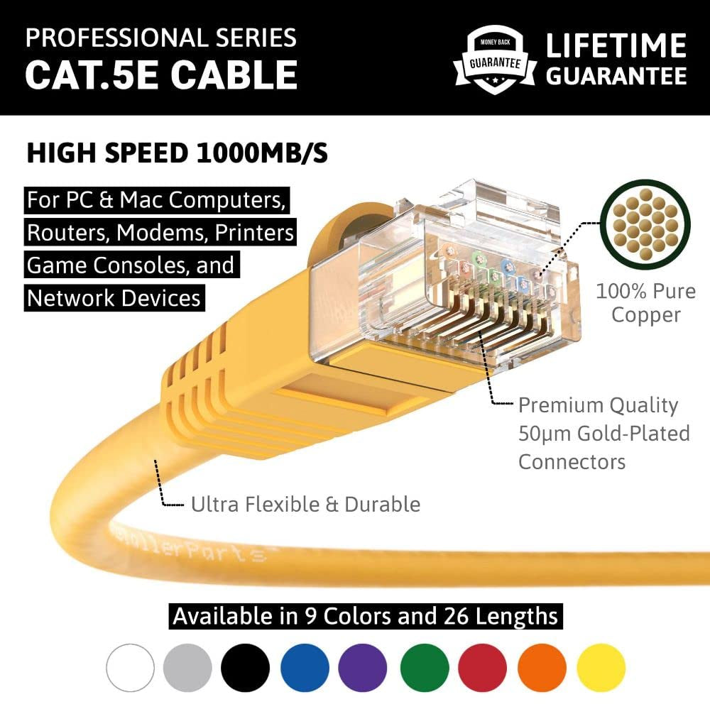 (10 Pack) Ethernet Cable CAT5E Cable UTP Booted 20 FT - Yellow - Professional Series - 1Gigabit/Sec Network/Internet Cable, 350MHZ