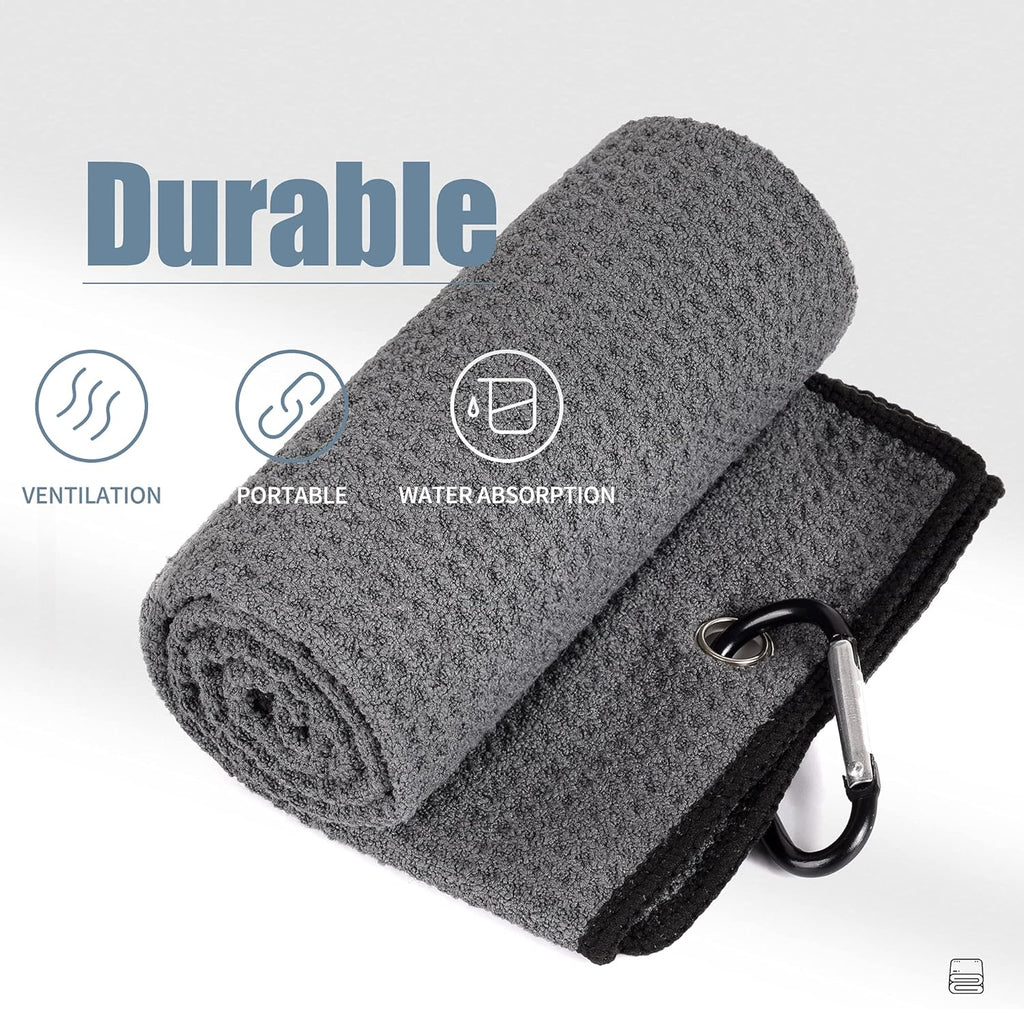Microfiber Waffle Pattern Tri-Fold Golf Towel | Brush Tool Kit with Club Groove Cleaner, Retractable Extension Cord and Clip