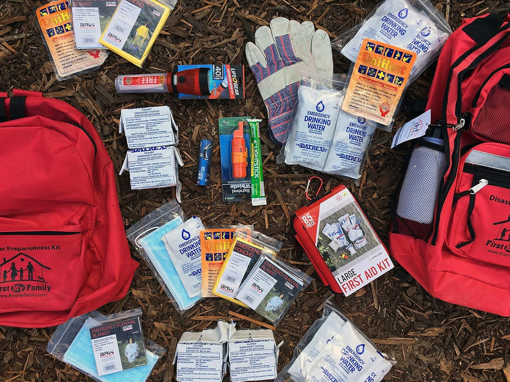 First My Family All-In-One 2 Person, 72 Hour Emergency Survival Kit for Fires, Earthquakes, Hurricanes, Floods, Tsunami and Other Disasters - Premium Red Backpack